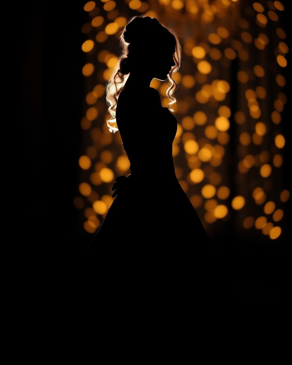 Silueta de la quinceañera entre luces doradas